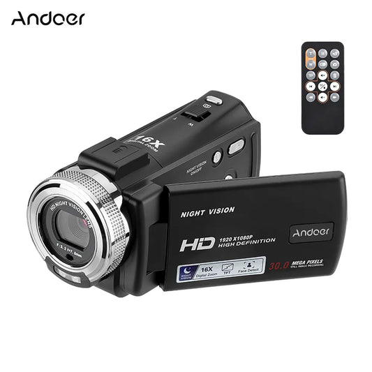 Andoer V12 Video Camera 1080P 16X Digital Zoom Portable Camcorder with 3.0 Inch LCD Screen 30MP Night Vision Face Beautification