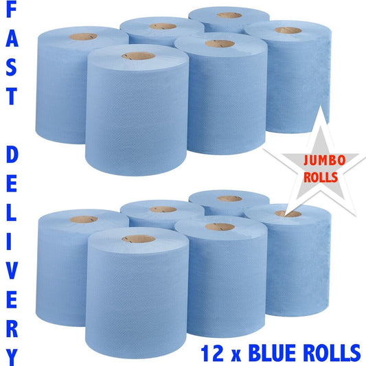 12 x Jumbo Workshop Hand Towels Rolls 2 Ply Centre Feed Wipes Embossed Tissue